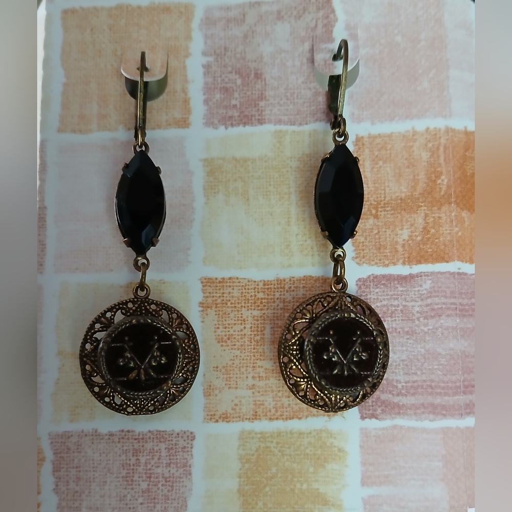 Antique Burgandy Perfume Picture Button Earrings, Oxidized Brass, Victorian West